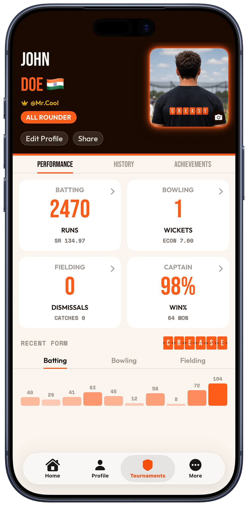 Crease player profile on a phone, showing batting, bowling, fielding and captain stats