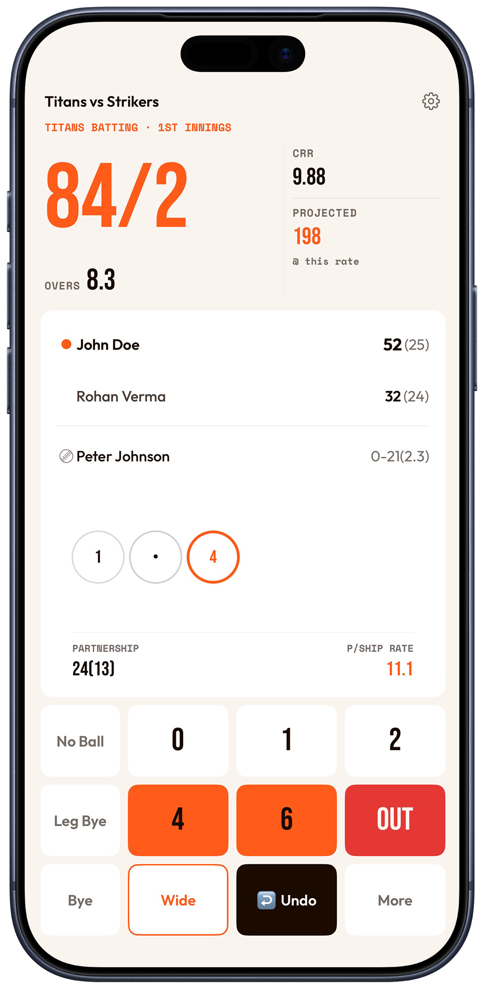 Crease live scoring on a phone: Titans versus Strikers, 84 for 2