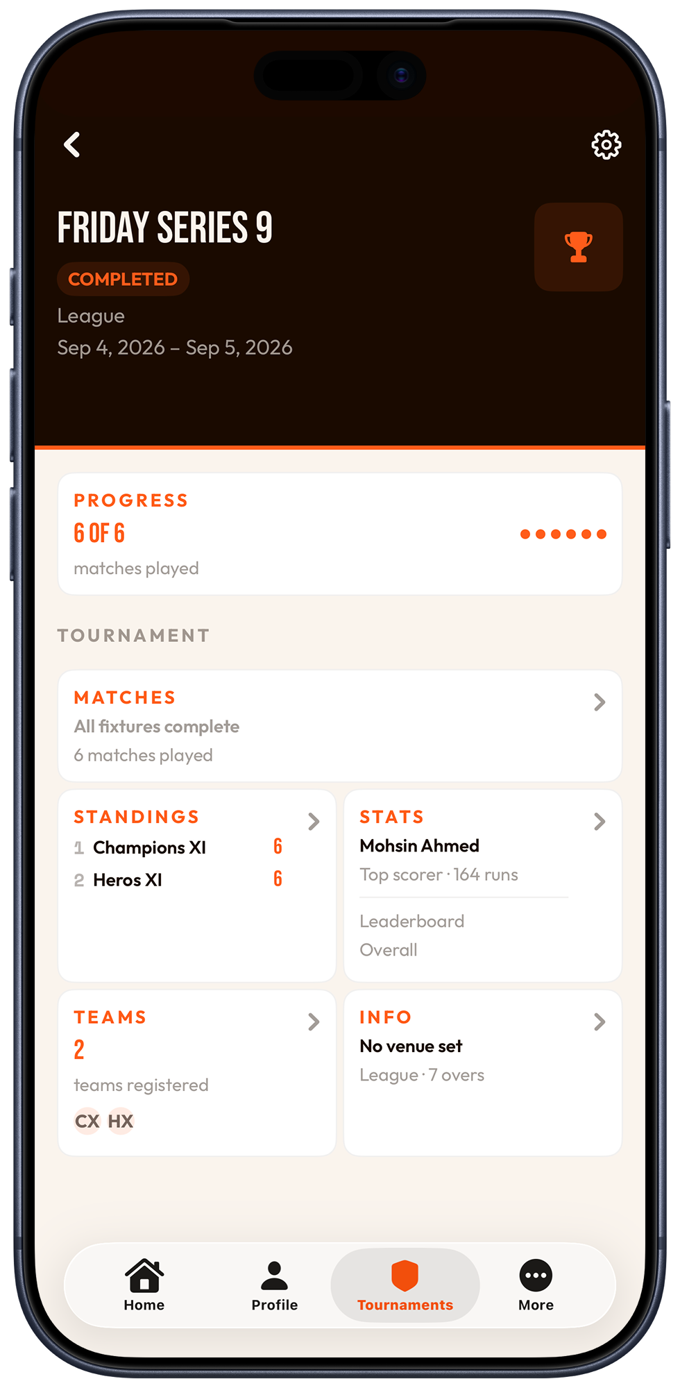 Crease tournament screen on a phone for Friday Series 9, with standings, fixtures and teams